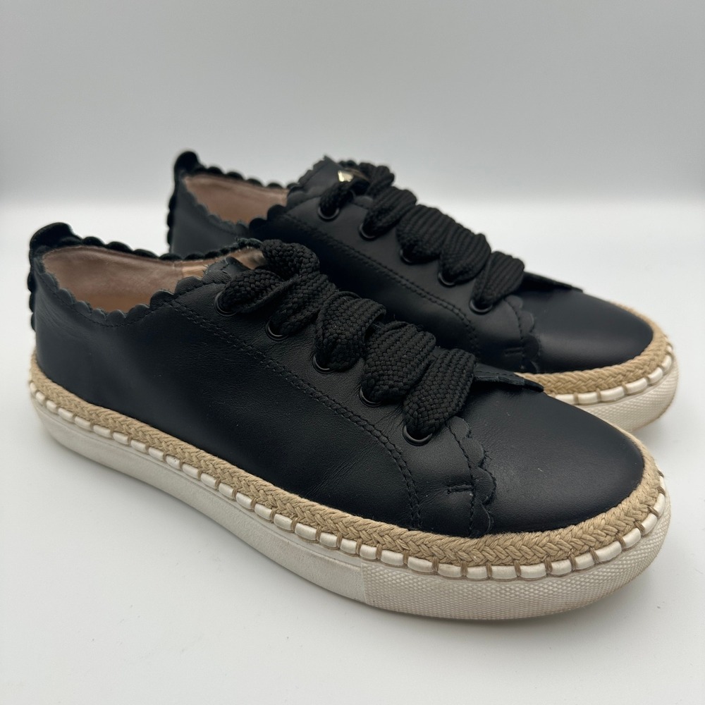 Kate Spade New York Lena Black Leather Sneakers Chunky Laces Scalloped Chic Sz 5